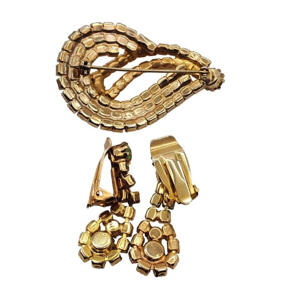 Citrine Green Rhinestone Jewelry Set Brooch Clip Earrings Gold Tone Demi Vintage - Picture 4 of 8